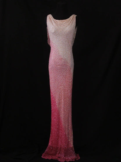 Vintage Etuikleid, rosa, Wasserfallausschnitt, perlenbesetztes Oberteil, langes Ballkleid, beeindruckendes Outfit zum 20. Geburtstag, formelles Abendkleid AS287