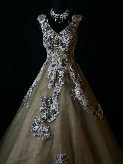 Vintage 90s Prom Dresses Ball Gown V Neck Olive Green Tulle With Appliqued Party Gown Formal Outfits RB6128