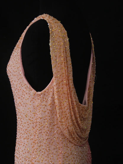 Vintage Etuikleid, rosa, Wasserfallausschnitt, perlenbesetztes Oberteil, langes Ballkleid, beeindruckendes Outfit zum 20. Geburtstag, formelles Abendkleid AS287