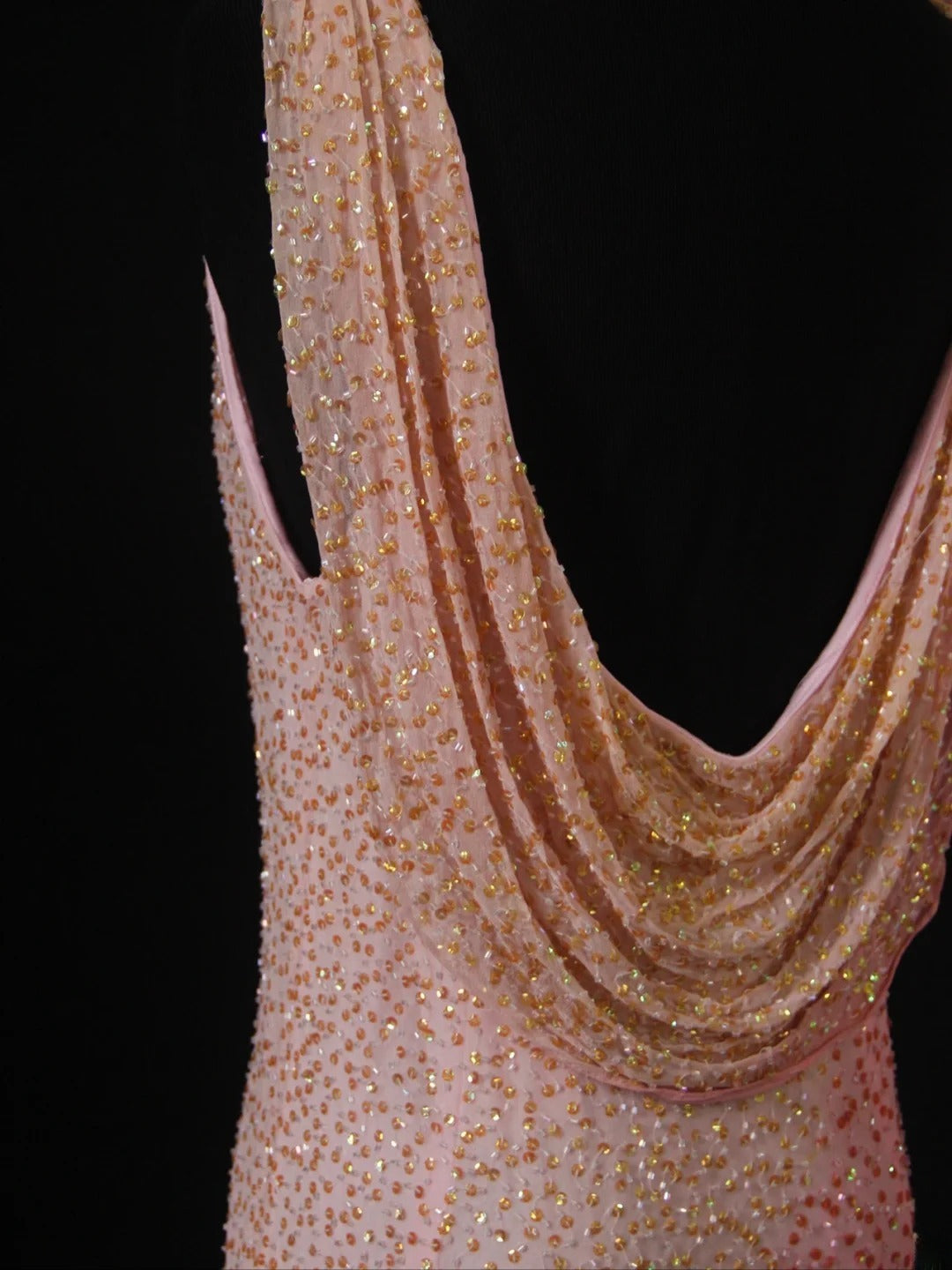 Vintage Etuikleid, rosa, Wasserfallausschnitt, perlenbesetztes Oberteil, langes Ballkleid, beeindruckendes Outfit zum 20. Geburtstag, formelles Abendkleid AS287