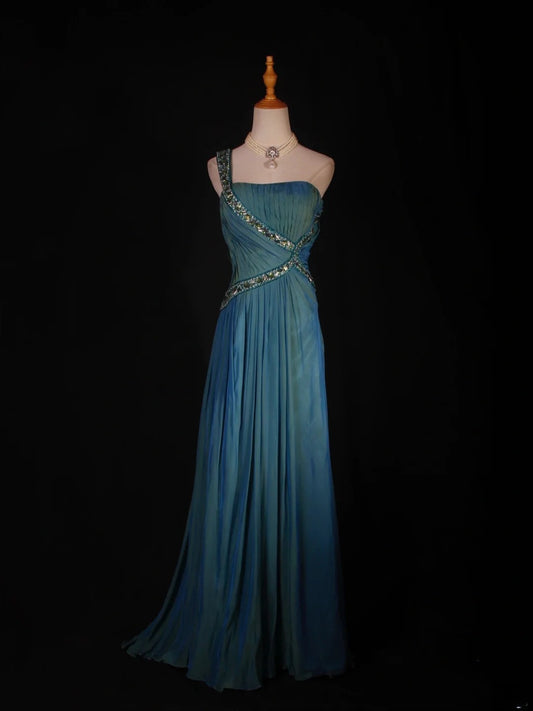 Retro A line One Shoulder Chiffon Blue With Beads Bodice Long Prom Dresses Impress 18th Birthday Outfit Formal Gown AS288