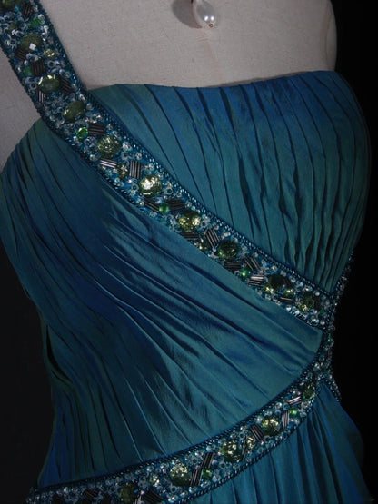 Robe de bal longue rétro trapèze asymétrique en mousseline bleue à corsage perlé, idéale pour un 18e anniversaire. AS288
