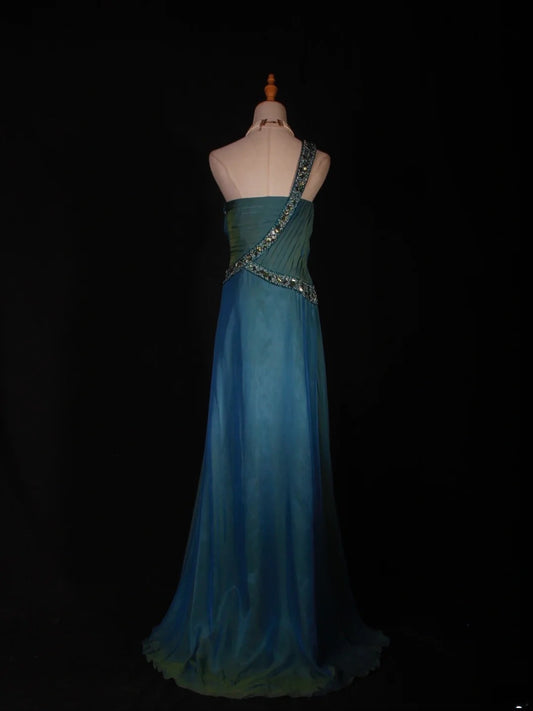 Retro A line One Shoulder Chiffon Blue With Beads Bodice Long Prom Dresses Impress 18th Birthday Outfit Formal Gown AS288