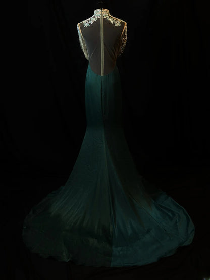 Vintage 90s Prom Dresses Mermaid High Neck Dark Green Tulle With Long Sleeves Party Gown Formal Outfits RB6130