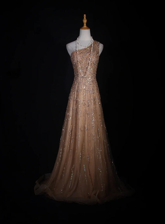 Retro 90s A line One Shoulder Champagne Tulle With Beads Bodice Long Prom Dresses Inspo 18th Birthday Outfit Formal Gown AS290
