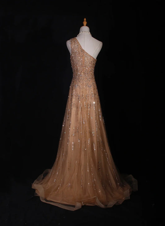 Retro 90s A line One Shoulder Champagne Tulle With Beads Bodice Long Prom Dresses Inspo 18th Birthday Outfit Formal Gown AS290