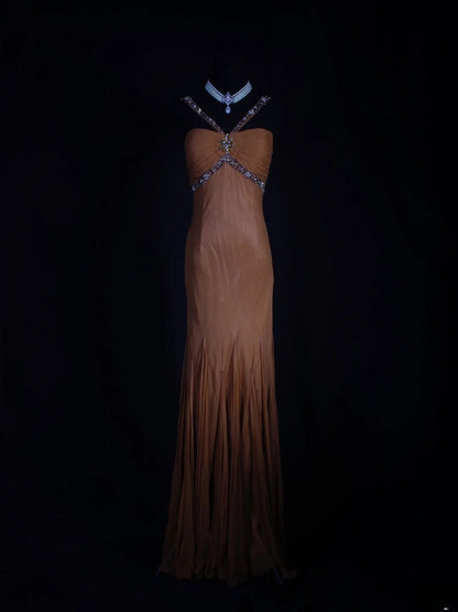 Vintage Mermaid 80s Halter Burnt Orange With Beads Long Prom Dresses Impress 20th Birthday Outfit Formal Gowns AS291