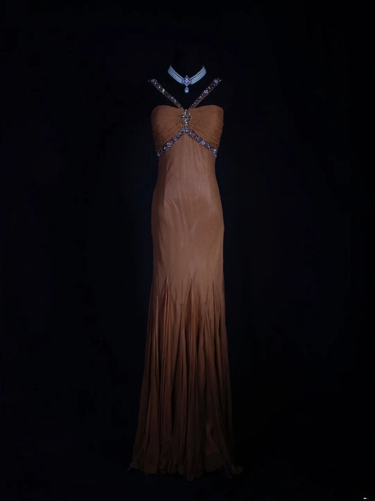 Robe de bal longue vintage sirène années 80, dos nu, orange brûlé avec perles, idéale pour un 20e anniversaire. Robe de soirée AS291