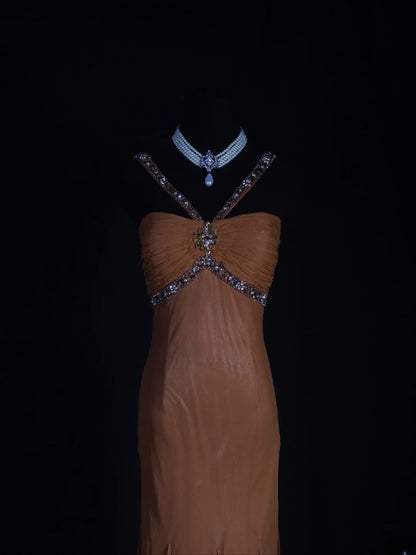 Vintage Mermaid 80s Halter Burnt Orange With Beads Long Prom Dresses Impress 20th Birthday Outfit Formal Gowns AS291