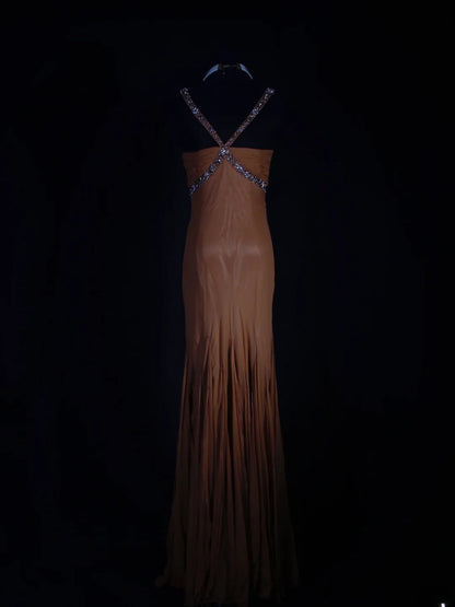 Vintage Mermaid 80s Halter Burnt Orange With Beads Long Prom Dresses Impress 20th Birthday Outfit Formal Gowns AS291