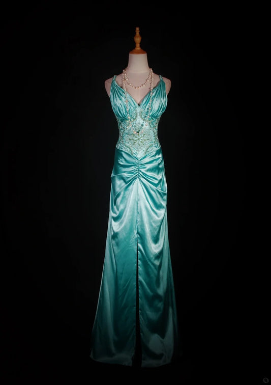 Robe de bal longue sirène vintage années 1950, bretelles spaghetti, satin bleu Tiffany, fente, corsage orné de perles, tenue de soirée idéale pour un 18e anniversaire (AS292)