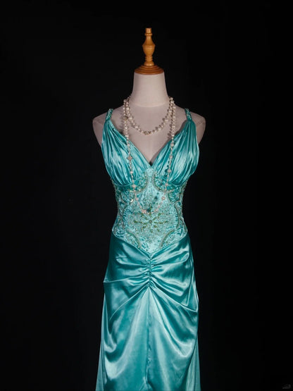 Vintage Mermaid Spaghetti Straps Tiffany Blue Satin Slit 1950s With Beads Bodice Long Prom Dresses Impress 18th Birthday Outfit Formal Gown AS292