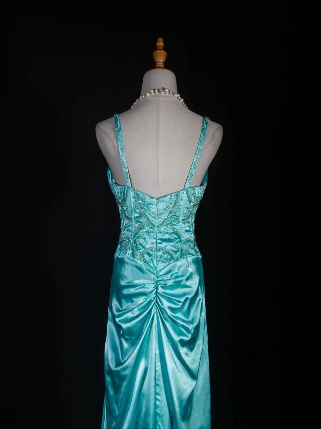 Vintage Mermaid Spaghetti Straps Tiffany Blue Satin Slit 1950s With Beads Bodice Long Prom Dresses Impress 18th Birthday Outfit Formal Gown AS292