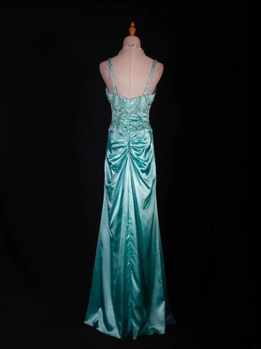 Robe de bal longue sirène vintage années 1950, bretelles spaghetti, satin bleu Tiffany, fente, corsage orné de perles, tenue de soirée idéale pour un 18e anniversaire (AS292)