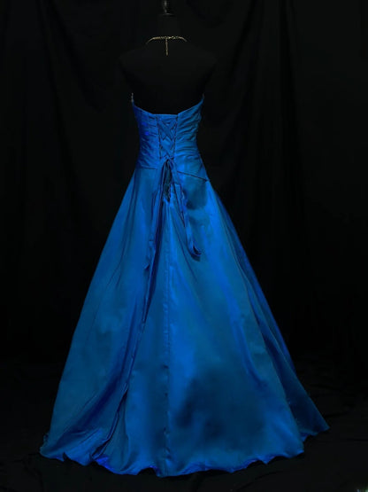 Vintage 1950s Prom Dresses Ball Gown Sweetheart Royal Blue Satin With Crystals Party Gown Formal Outfits RB6133