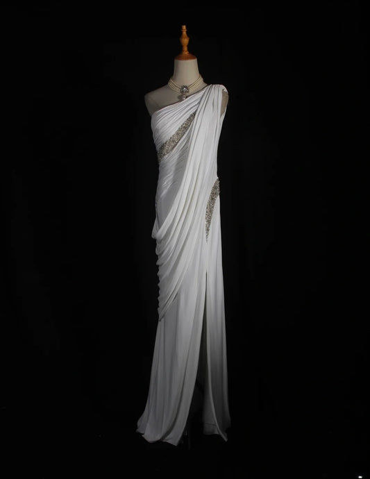 Retro 90s Sheath One Shoulder White Chiffon With Beads Bodice Long Prom Dresses Inspo 18th Birthday Outfit Formal Gown AS293