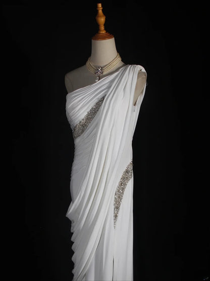 Retro 90s Sheath One Shoulder White Chiffon With Beads Bodice Long Prom Dresses Inspo 18th Birthday Outfit Formal Gown AS293