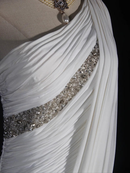 Retro 90s Sheath One Shoulder White Chiffon With Beads Bodice Long Prom Dresses Inspo 18th Birthday Outfit Formal Gown AS293