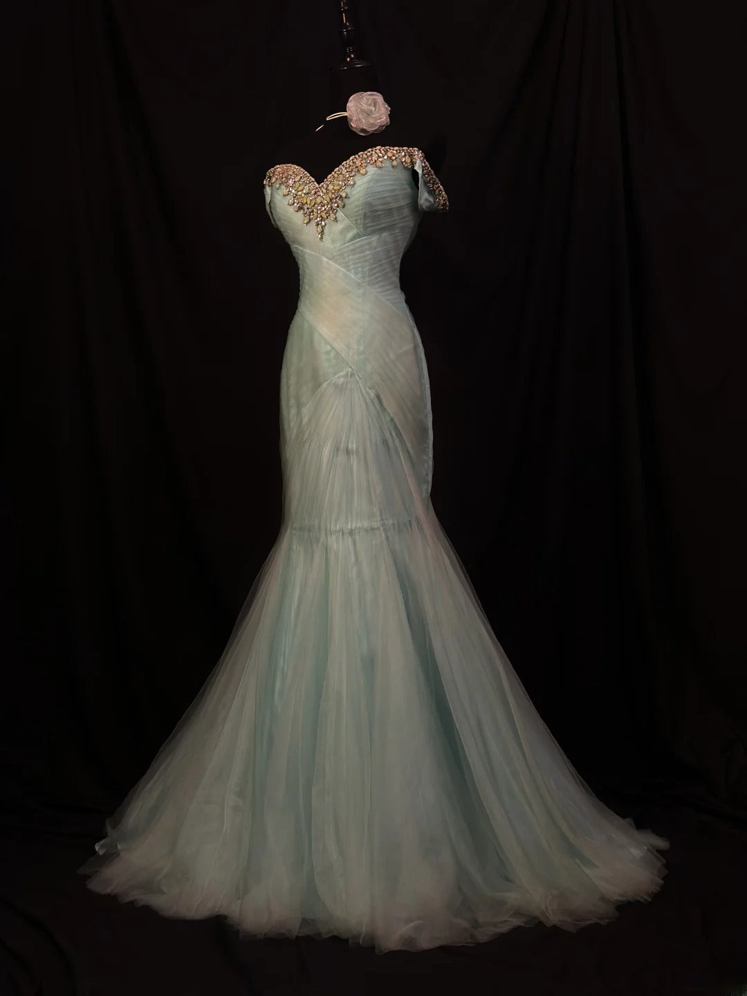Modest Prom Dresses Mermaid Off The Shoulder Sage Green Tulle With Ruffled Long Night Evening Formal Outfits RB6134