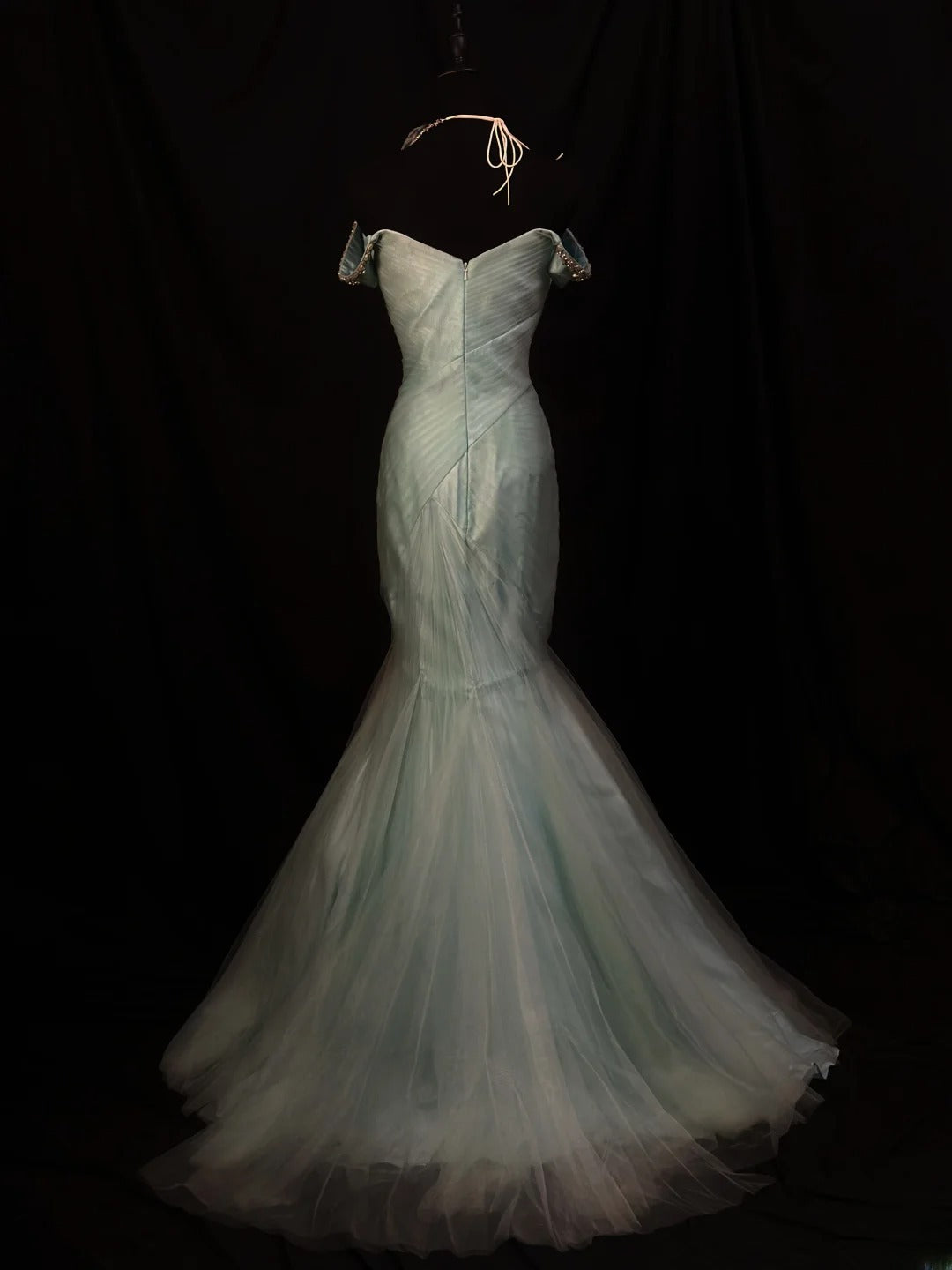 Modest Prom Dresses Mermaid Off The Shoulder Sage Green Tulle With Ruffled Long Night Evening Formal Outfits RB6134