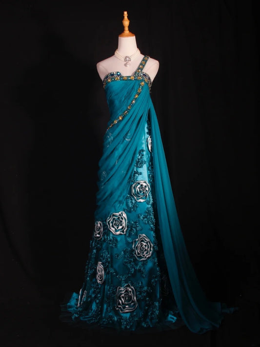 Retro 1960s A line One Shoulder Chiffon With Gold Beads Bodice Long Prom Dresses Inspo 22th Birthday Outfit Formal Gown AS294