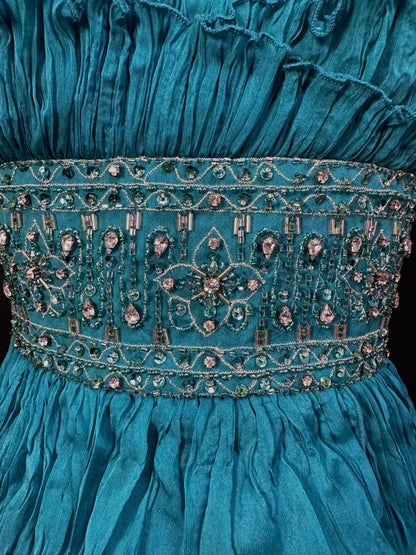 Vintage 1950s Prom Dresses A Line Strapless Blue Satin With Ruffle Tiered Crystals Party Gown Formal Outfits RB6135