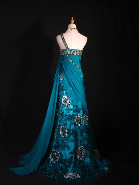 Retro 1960s A line One Shoulder Chiffon With Gold Beads Bodice Long Prom Dresses Inspo 22th Birthday Outfit Formal Gown AS294