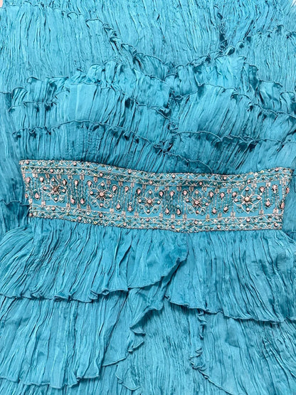 Vintage 1950s Prom Dresses A Line Strapless Blue Satin With Ruffle Tiered Crystals Party Gown Formal Outfits RB6135