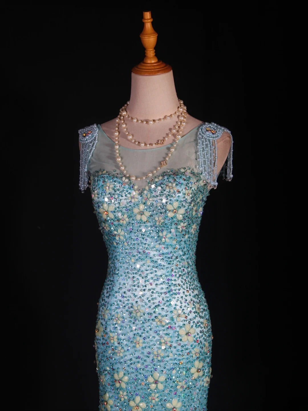 Vintage Meerjungfrauen-Abendkleid im 80er-Jahre-Stil aus blauem Tüll mit Perlen – ein beeindruckendes Outfit zum 20. Geburtstag, festliche Abendgarderobe AS295