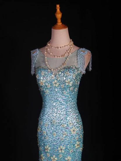 Vintage Meerjungfrauen-Abendkleid im 80er-Jahre-Stil aus blauem Tüll mit Perlen – ein beeindruckendes Outfit zum 20. Geburtstag, festliche Abendgarderobe AS295
