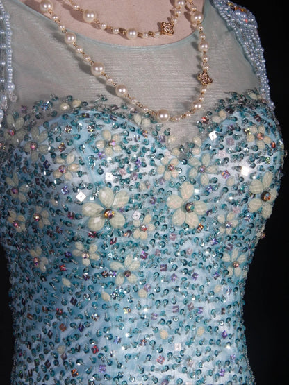 Vintage Meerjungfrauen-Abendkleid im 80er-Jahre-Stil aus blauem Tüll mit Perlen – ein beeindruckendes Outfit zum 20. Geburtstag, festliche Abendgarderobe AS295