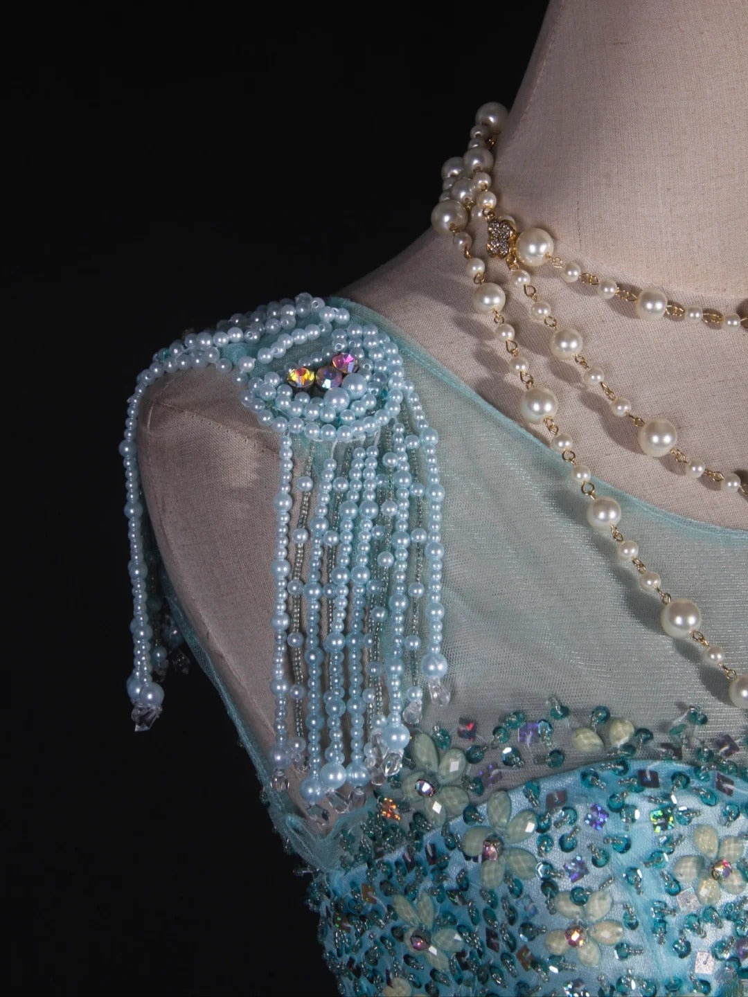 Vintage Meerjungfrauen-Abendkleid im 80er-Jahre-Stil aus blauem Tüll mit Perlen – ein beeindruckendes Outfit zum 20. Geburtstag, festliche Abendgarderobe AS295