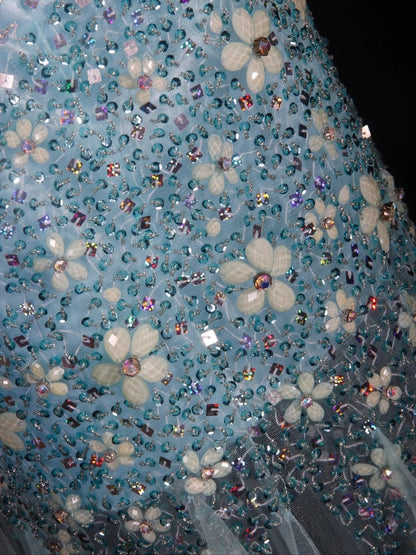 Vintage Meerjungfrauen-Abendkleid im 80er-Jahre-Stil aus blauem Tüll mit Perlen – ein beeindruckendes Outfit zum 20. Geburtstag, festliche Abendgarderobe AS295