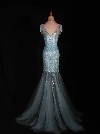 Vintage Meerjungfrauen-Abendkleid im 80er-Jahre-Stil aus blauem Tüll mit Perlen – ein beeindruckendes Outfit zum 20. Geburtstag, festliche Abendgarderobe AS295