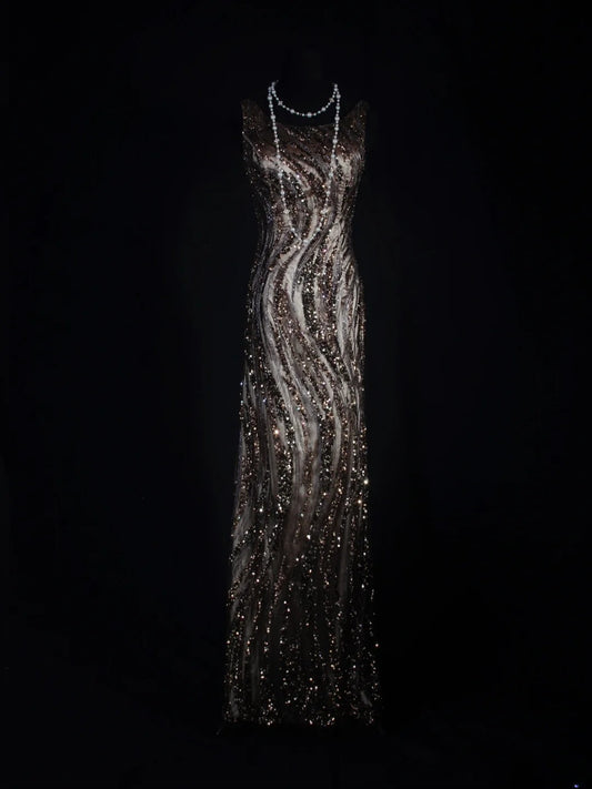 Robe de bal longue vintage sirène années 80 à sequins et perles, idéale pour un 20e anniversaire. Robe de soirée AS296