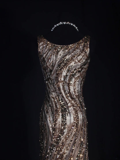 Vintage Meerjungfrauen-Abendkleid im 80er-Jahre-Stil mit Pailletten und Perlen, langes Kleid, perfektes Outfit zum 20. Geburtstag, formelles Abendkleid AS296