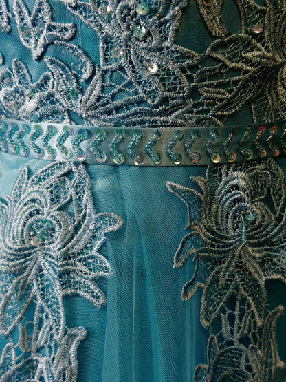 Vintage 70s Prom Dresses A Line Scoop Neckline Blue Tulle With Appliqued Party Gown Formal Outfits RB6138