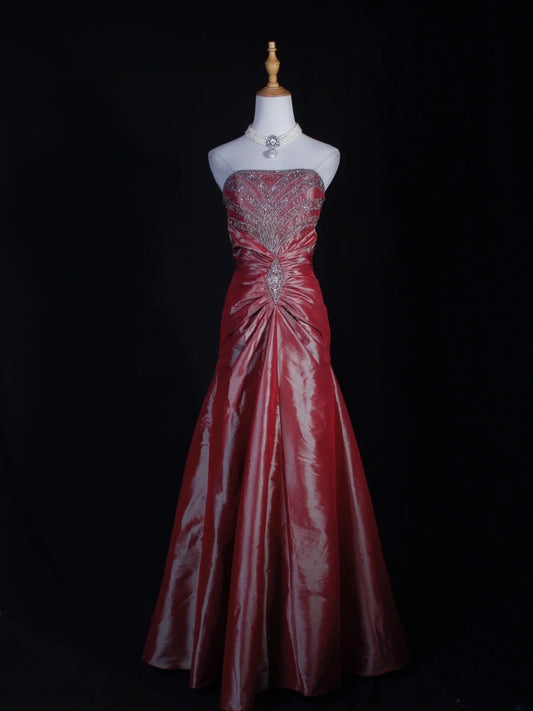 Retro 1960s Mermaid Strapless Pink Taffeta With Silver Beads Bodice Long Prom Dresses Inspo 22th Birthday Outfit Formal Gown AS299