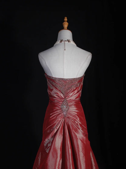 Robe de bal longue sirène rétro années 60 en taffetas rose sans bretelles avec corsage orné de perles argentées - Inspiration pour une tenue de 22e anniversaire - Robe de soirée AS299