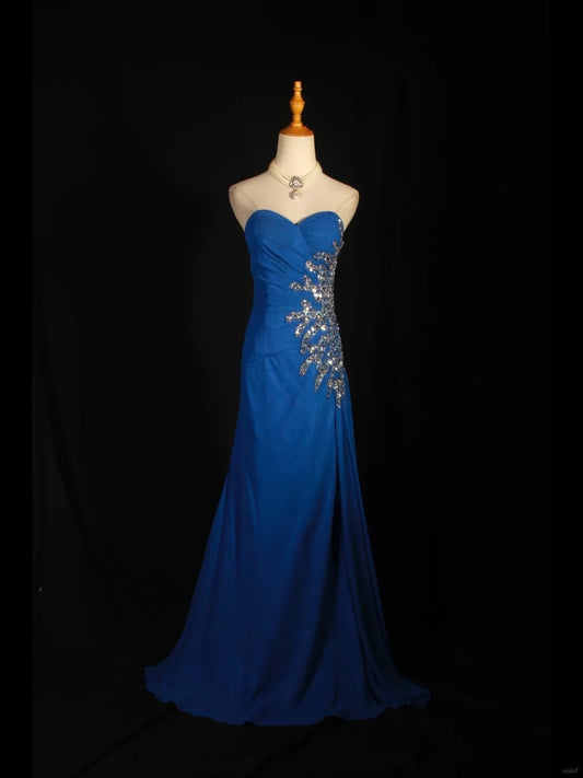 Retro 1960s Mermaid Sweetheart Royal Blue Chiffon With Silver Beads Bodice Long Prom Dresses Inspo 22th Birthday Outfit Formal Gown AS300