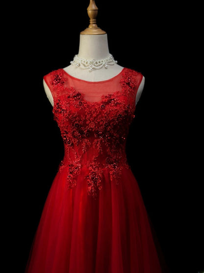 Modest Prom Dresses Ball Gown Scoop Red Tulle With Appliqued Night Evening Formal Outfits RB6158