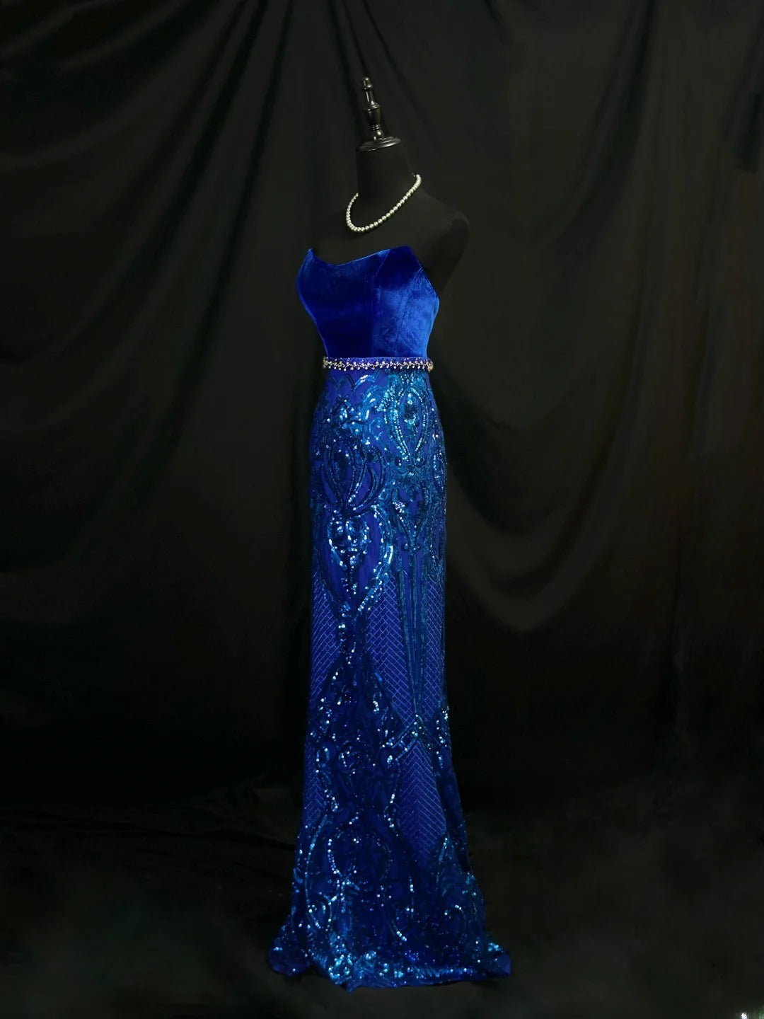 Modest Prom Dresses Mermaid Strapless Royal Blue Velvet Sequin With Beading Long Night Evening Formal Outfits RB6140