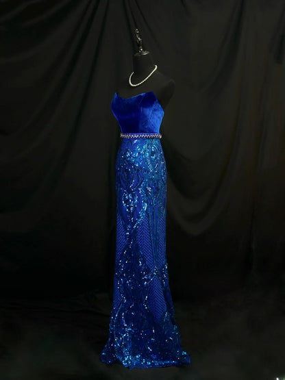 Modest Prom Dresses Mermaid Strapless Royal Blue Velvet Sequin With Beading Long Night Evening Formal Outfits RB6140