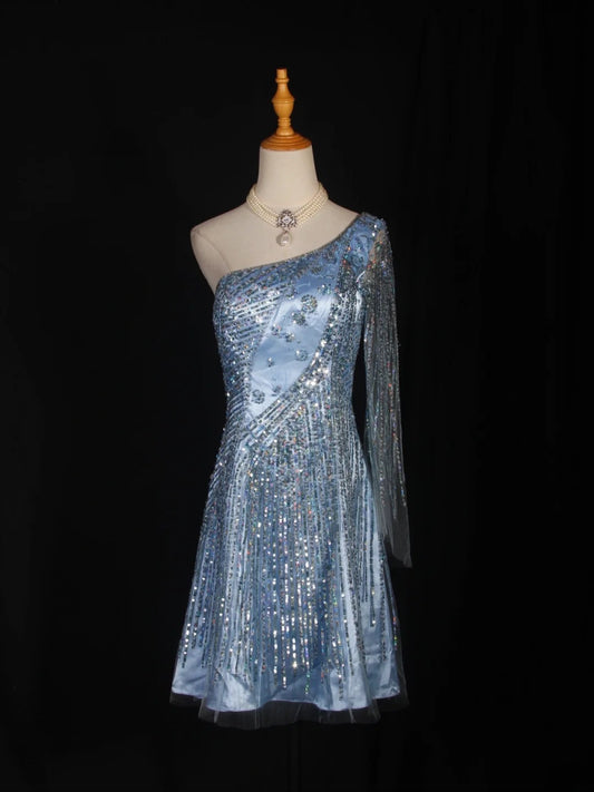Retro 1950s A Line One Shoulder Light Sky Blue Satin Short 16th Birthday Dress Homecoming Dresses Cocktail Gown AS303
