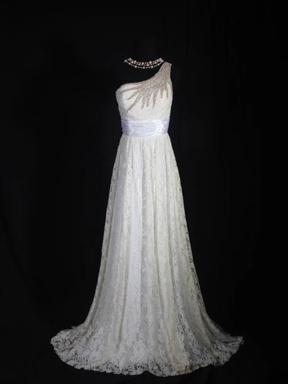 Robe de mariée rétro années 50, coupe trapèze asymétrique, ornée de perles argentées et de dentelle, tailles petites et grandes, idéale pour un mariage civil ou une cérémonie à la plage (AS304).
