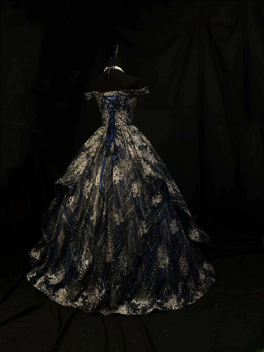 Pretty Ball Gown Off The Shoulder Navy Blue Satin Gold Sequin Fitted Corset Long 15 Quinceanera Dresses Photo Ideas Formal Outfit RB6143