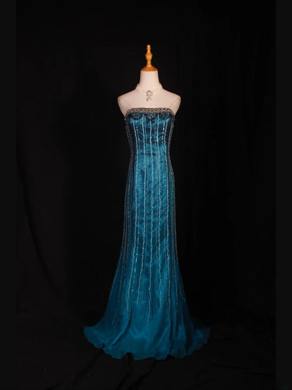 Retro 1950s Mermaid Strapless Blue Chiffon With Gem Beads Bodice Long Prom Dresses Inspo 22th Birthday Outfit Formal Gown AS305