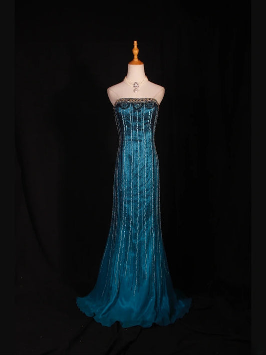 Retro 1950s Mermaid Strapless Blue Chiffon With Gem Beads Bodice Long Prom Dresses Inspo 22th Birthday Outfit Formal Gown AS305