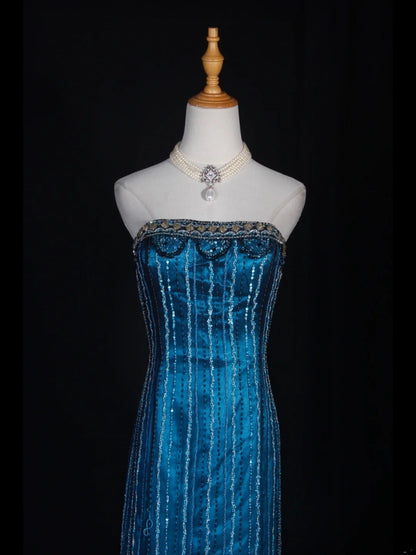 Retro 1950s Mermaid Strapless Blue Chiffon With Gem Beads Bodice Long Prom Dresses Inspo 22th Birthday Outfit Formal Gown AS305