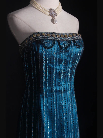 Retro 1950s Mermaid Strapless Blue Chiffon With Gem Beads Bodice Long Prom Dresses Inspo 22th Birthday Outfit Formal Gown AS305